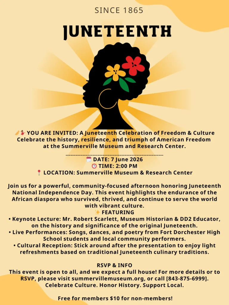 Juneteenth celebration poster featuring event details, a silhouette with flowers, and vibrant colors.