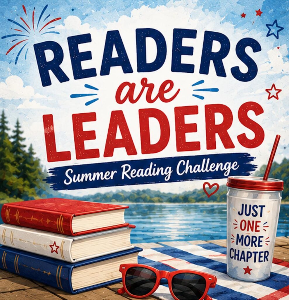 Red, white, and blue themed graphic promoting a summer reading challenge with books, sunglasses, and a drink.