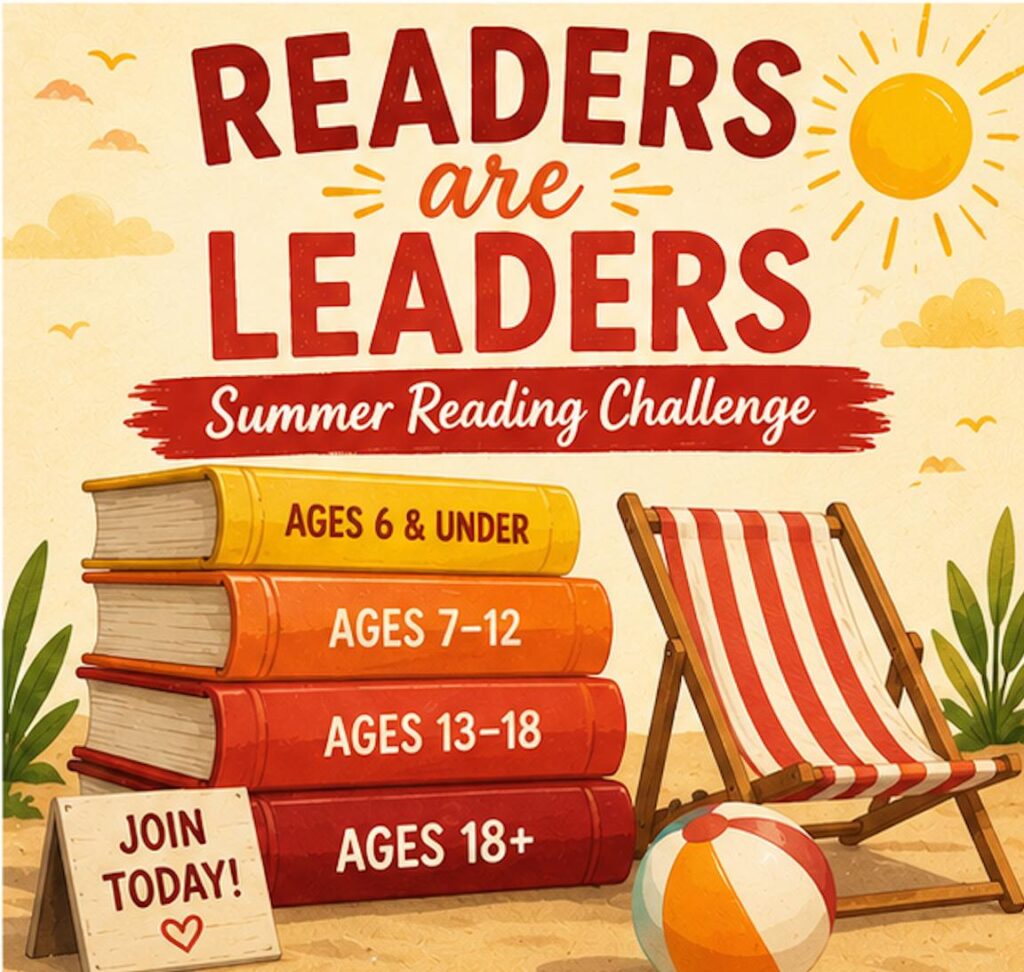 Colorful graphic promoting a summer reading challenge with stacked books, a beach chair, and a beach ball.