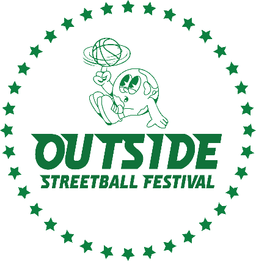 A cartoon character spins a basketball while sitting, surrounded by stars and text reading "OUTSIDE STREETBALL FESTIVAL.