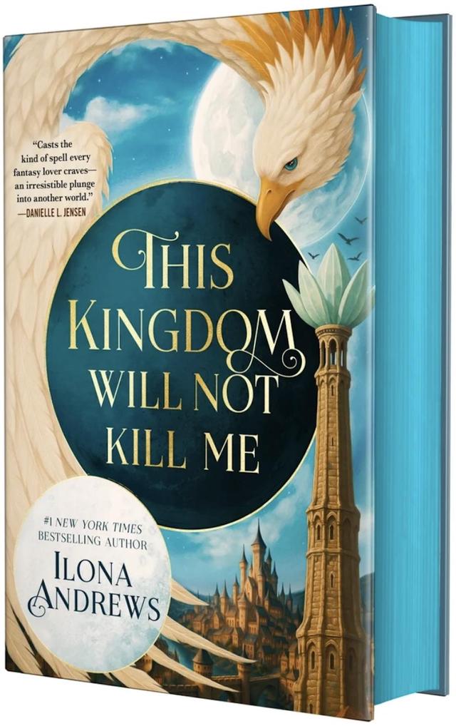 Book cover featuring a fantasy title, a griffin, and a castle tower. Author name displayed prominently.