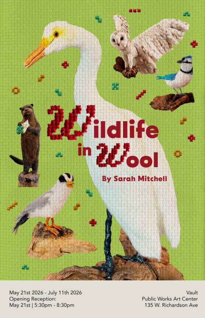 Colorful artwork featuring various animals, including a bird, owl, bear, and duck, with text about an art exhibit.