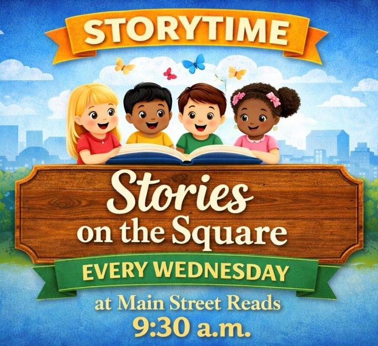 Four children gather around an open book, promoting "Stories on the Square" event every Wednesday at 9:30 a.m.