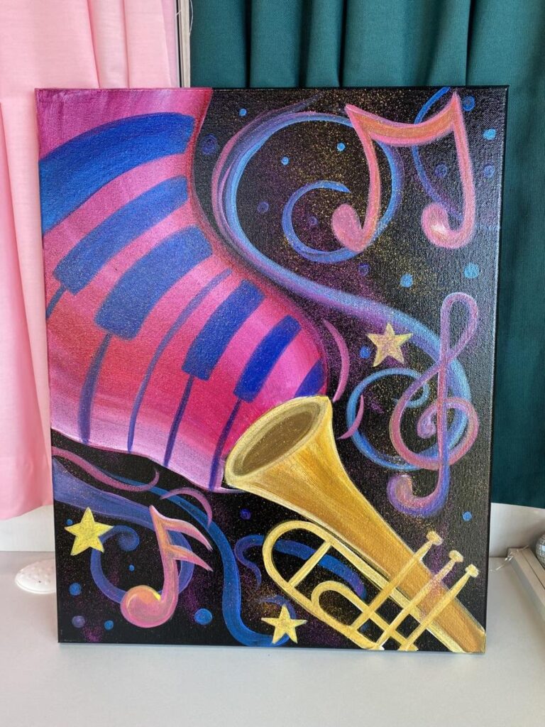 Colorful painting featuring a trumpet, musical notes, and piano keys against a dark background.