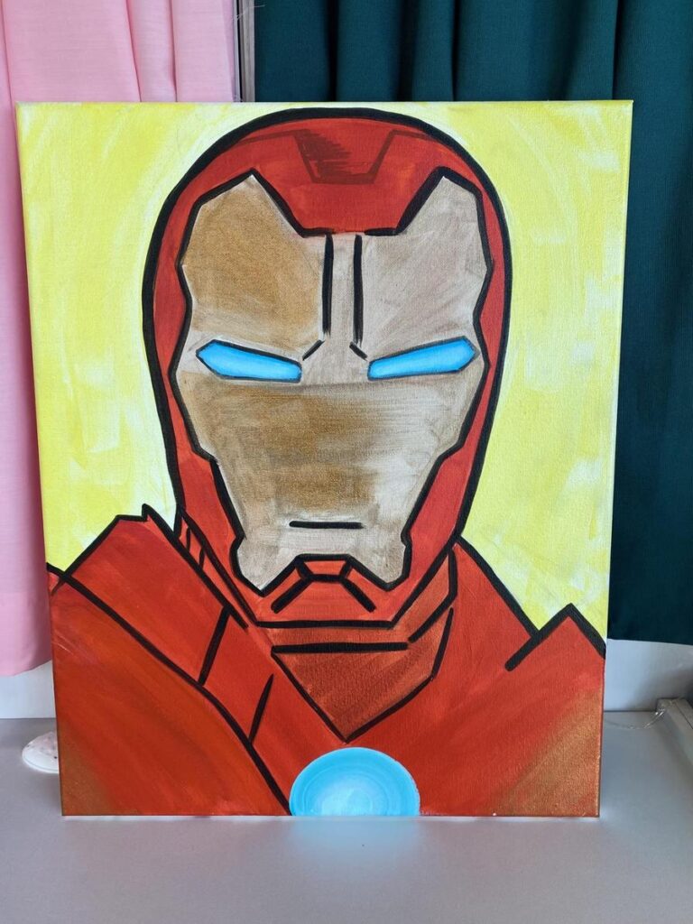 A painted portrait of a superhero in a red suit with a metallic face and blue eyes.
