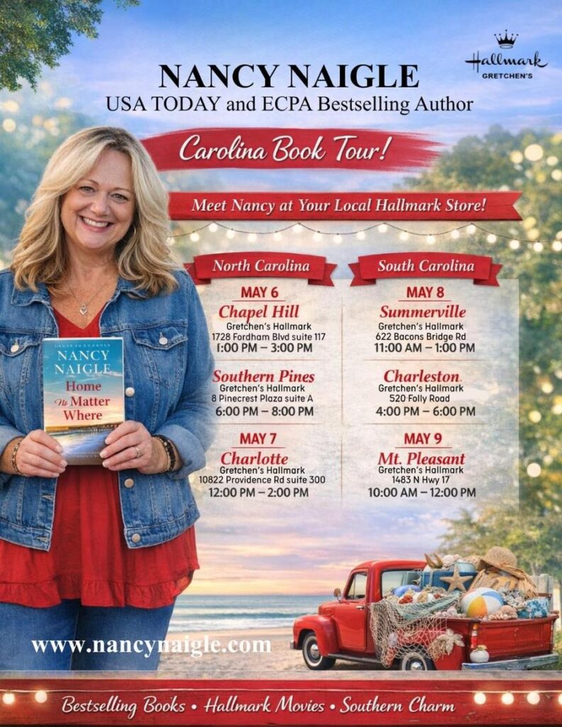 Nancy Naigle promotes her Carolina Book Tour, featuring event details and a vintage red truck.