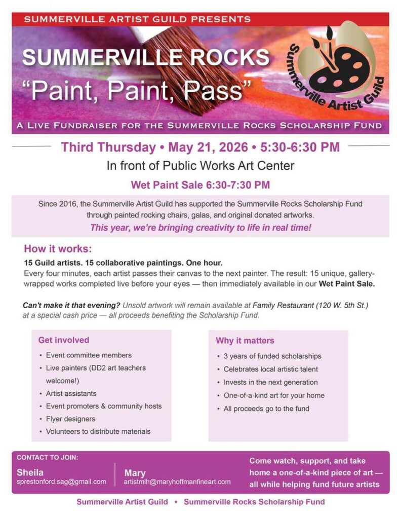 Promotional flyer for "Summerville Rocks" fundraiser featuring event details and participation information.