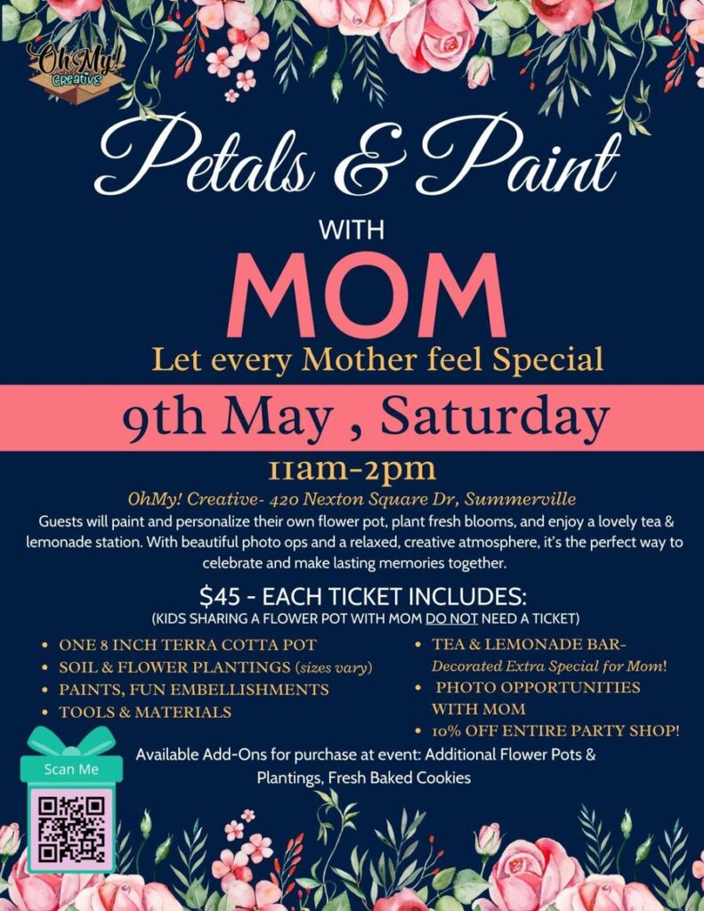 Event flyer for "Petals & Paint with Mom," featuring details about activities, date, and ticket information.