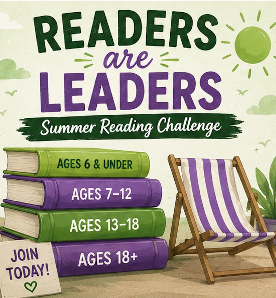 Colorful books stacked by age groups promote a summer reading challenge. A deck chair sits nearby.