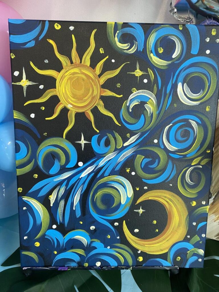 Colorful painting featuring a sun, moon, and swirling blue and yellow patterns against a dark background.
