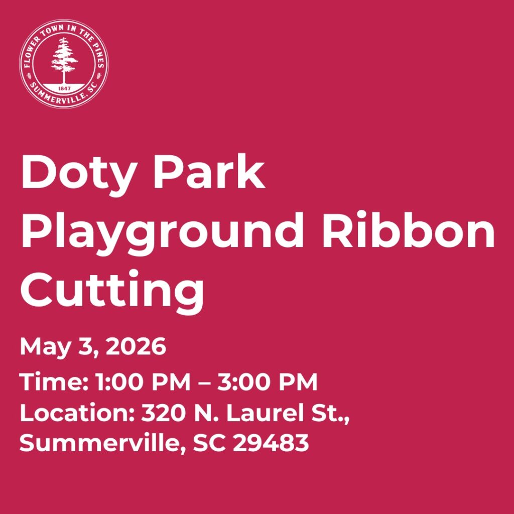 Ribbon cutting event for Doty Park Playground, scheduled for May 3, 2026, in Summerville, SC.