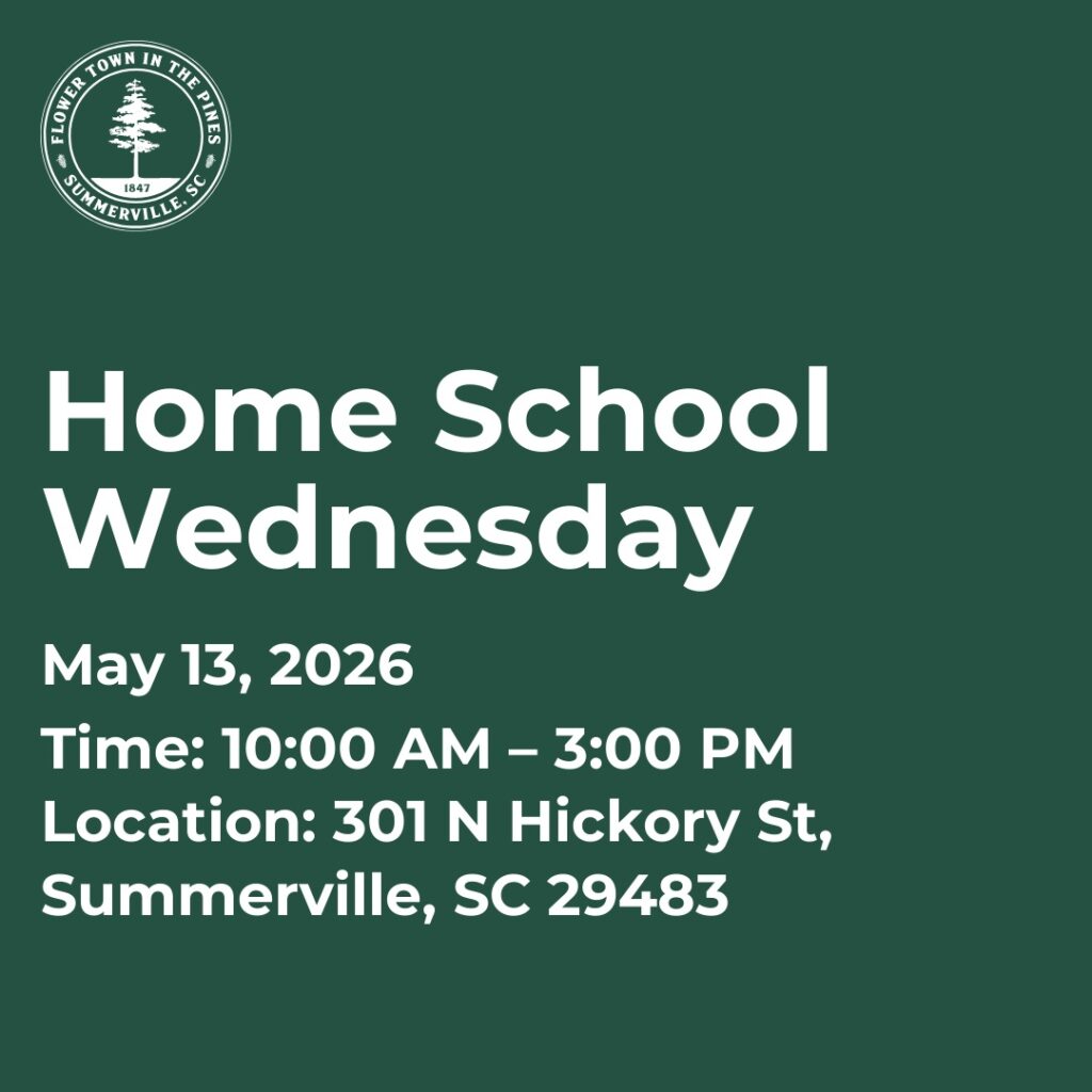 Event details for Home School Wednesday on May 13, 2026, from 10 AM to 3 PM in Summerville, SC.