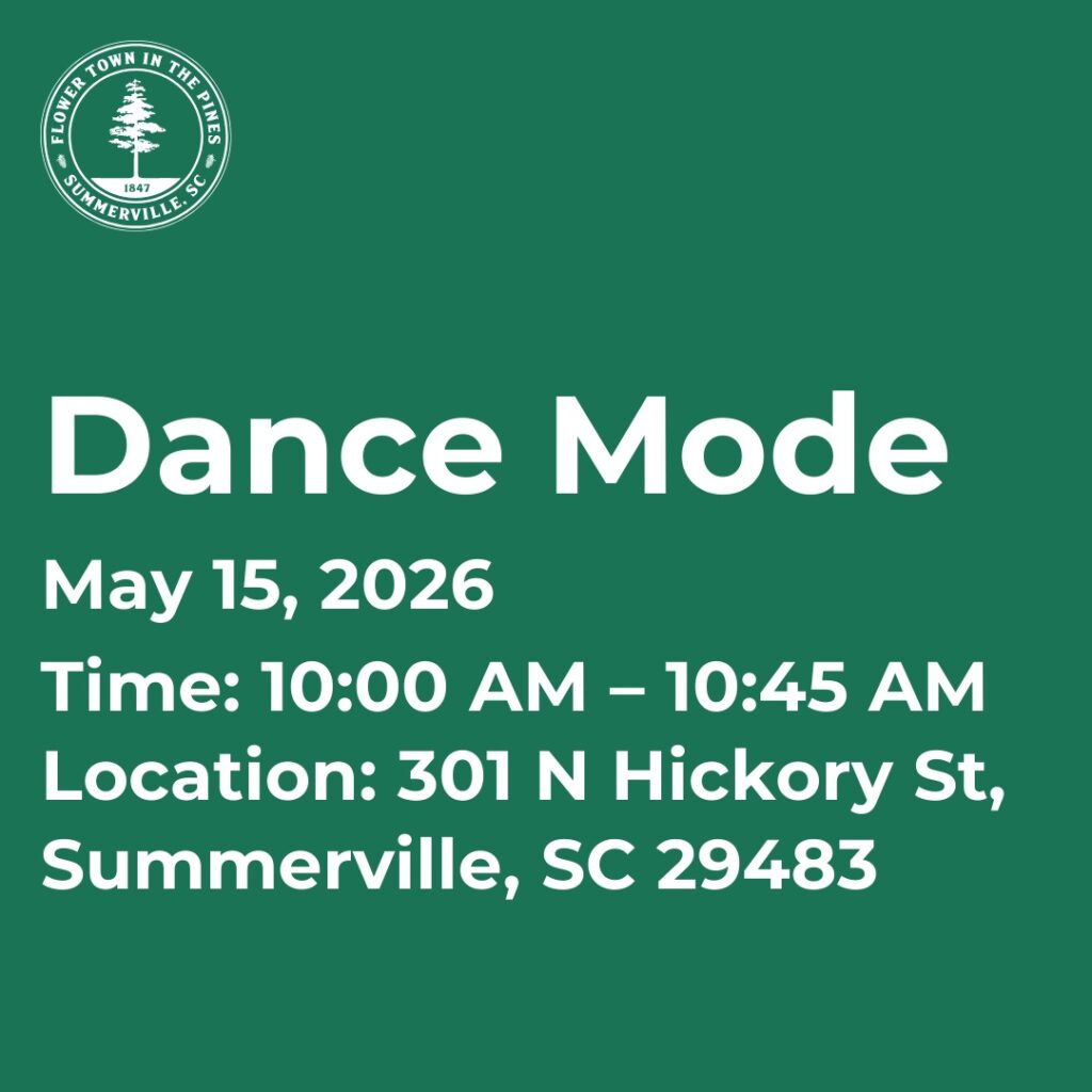 Event details for Dance Mode on May 15, 2026, from 10:00 AM to 10:45 AM at 301 N Hickory St, Summerville, SC.