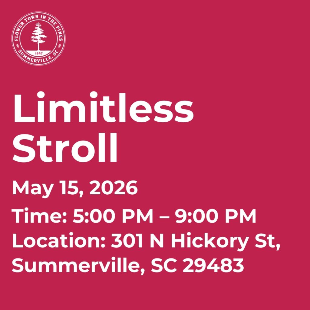 Event details for "Limitless Stroll" on May 15, 2026, from 5:00 PM to 9:00 PM in Summerville, SC.