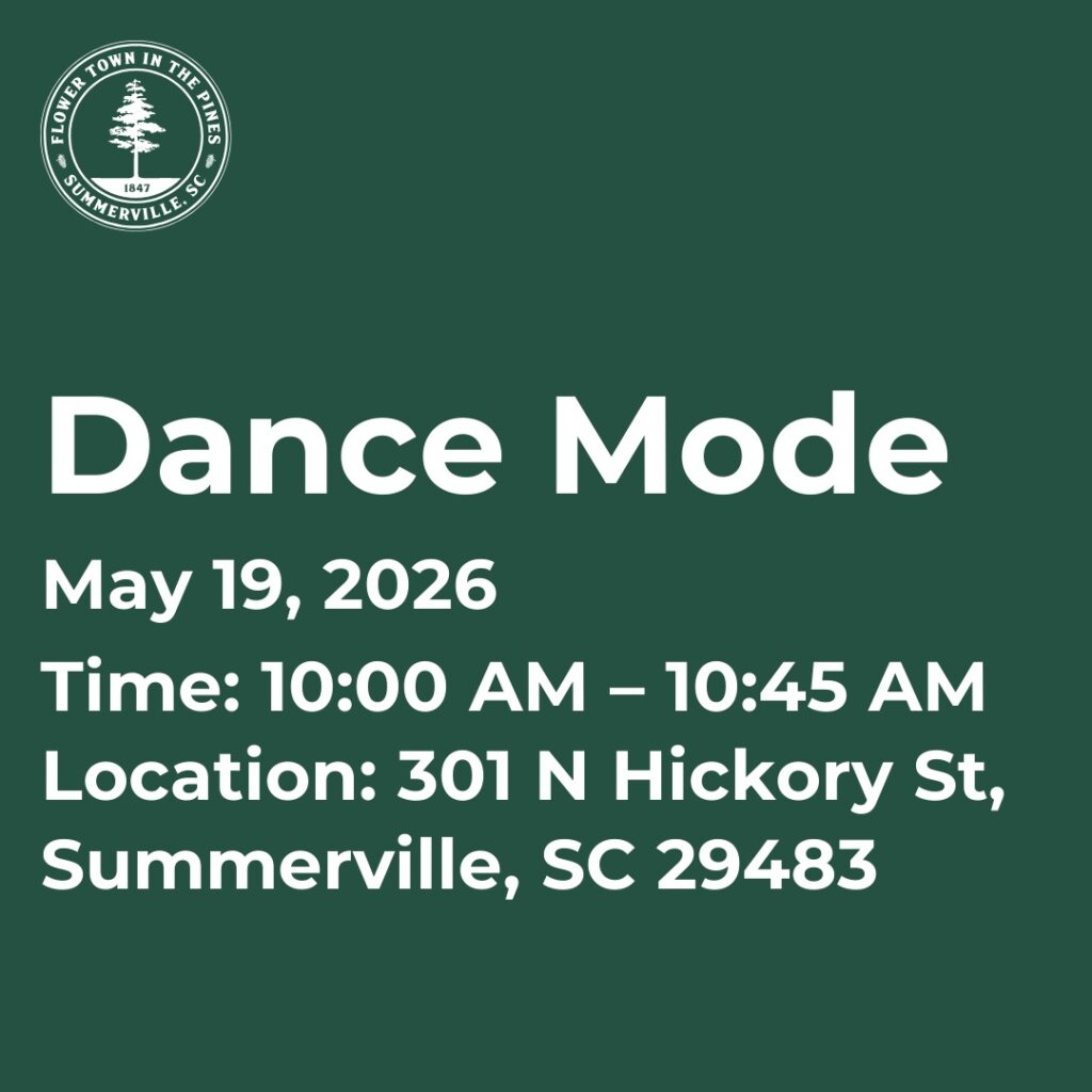 Event details for "Dance Mode" on May 19, 2026, from 10:00 AM to 10:45 AM at 301 N Hickory St, Summerville, SC.
