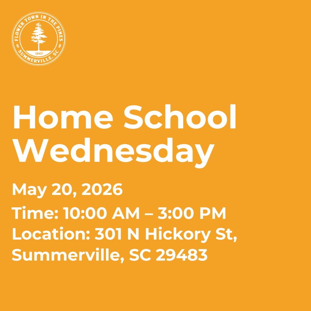 Event details for Home School Wednesday on May 20, 2026, from 10 AM to 3 PM at 301 N Hickory St, Summerville, SC.