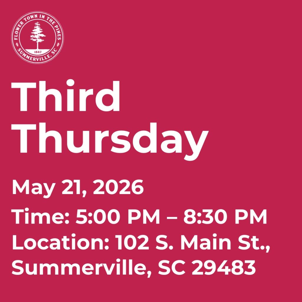 Event details for Third Thursday on May 21, 2026, from 5:00 PM to 8:30 PM in Summerville, SC.