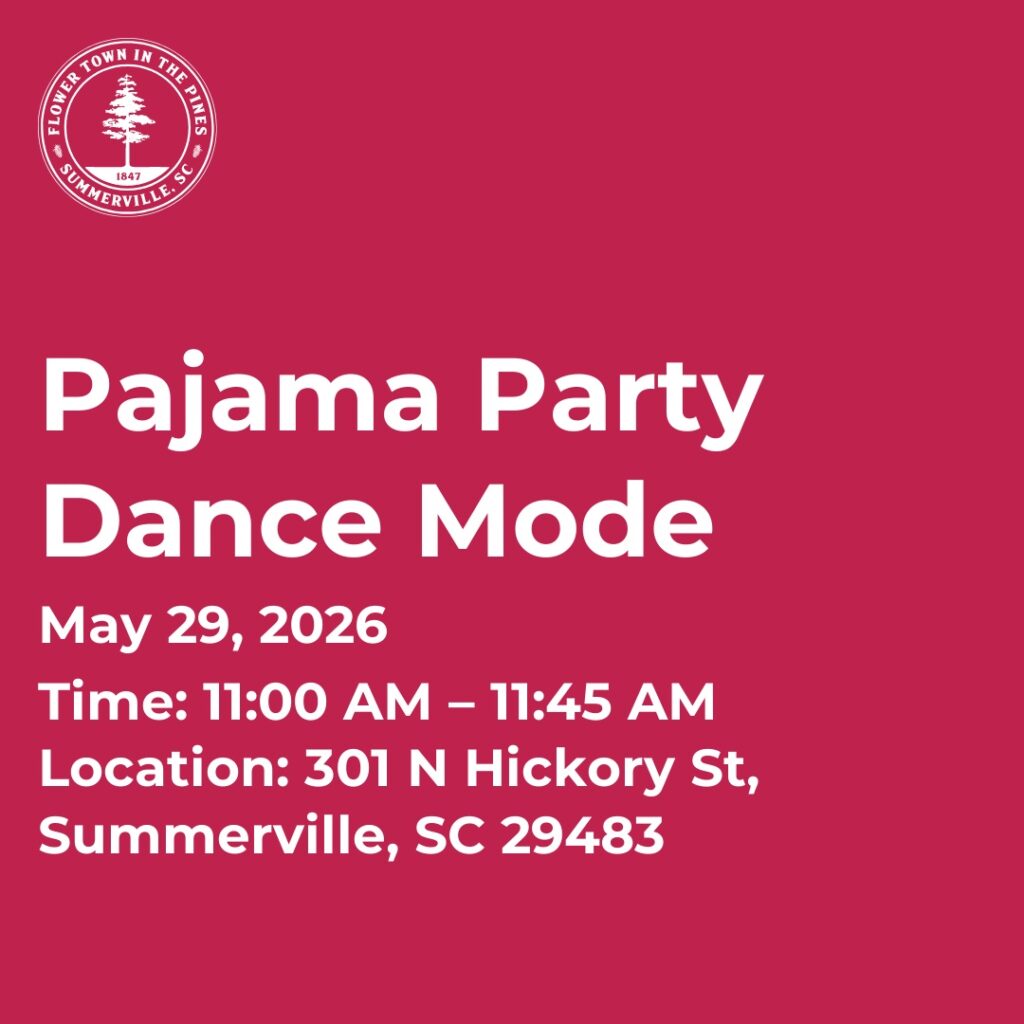 Event details for Pajama Party Dance Mode on May 29, 2026, from 11:00 AM to 11:45 AM in Summerville, SC.
