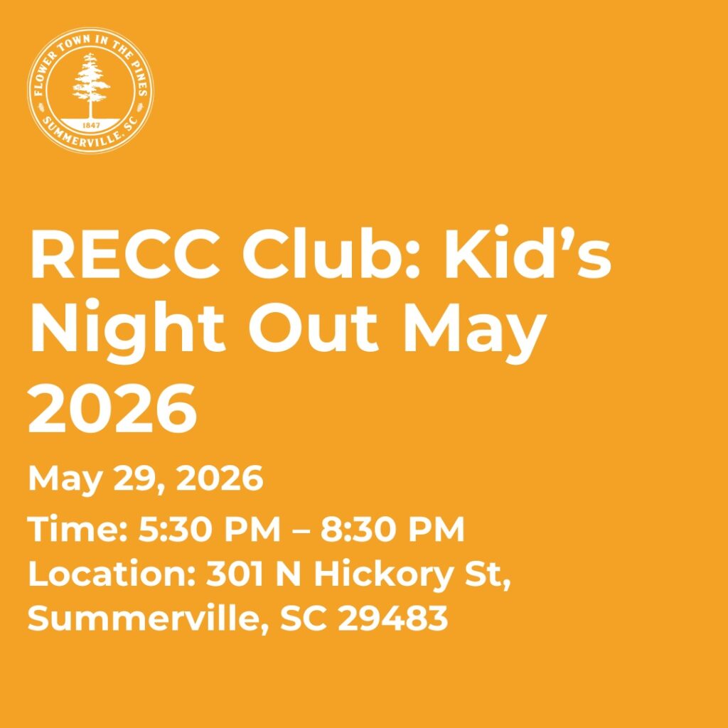 Event details for RECC Club's Kid’s Night Out on May 29, 2026, from 5:30 PM to 8:30 PM in Summerville, SC.