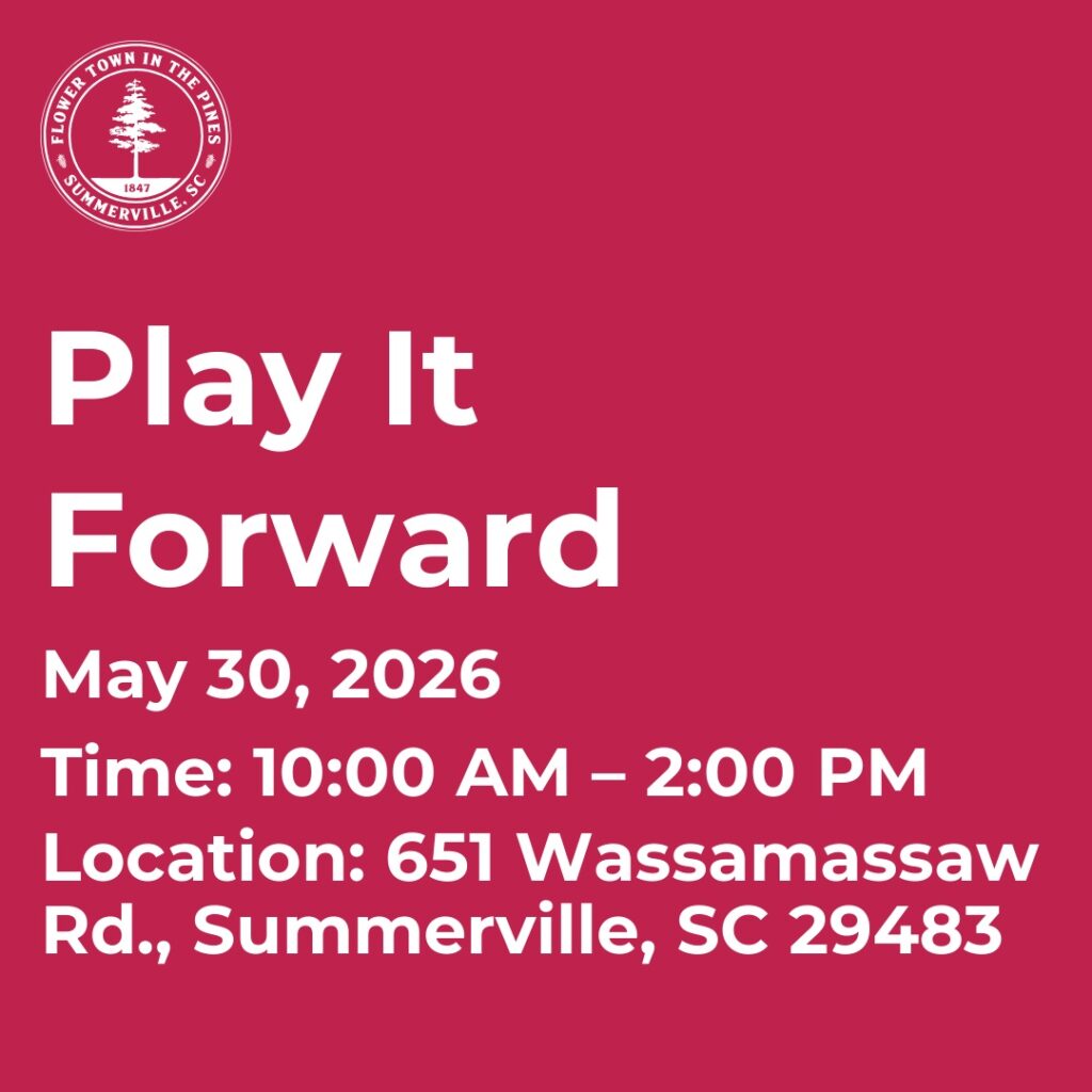 Event details for "Play It Forward" on May 30, 2026, from 10 AM to 2 PM in Summerville, SC.