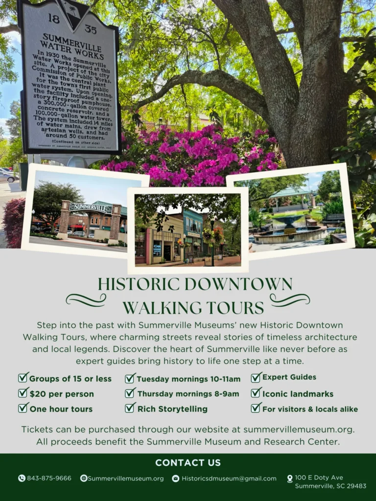 Historic sign and colorful buildings in Summerville, showcasing local architecture and vibrant flowers.