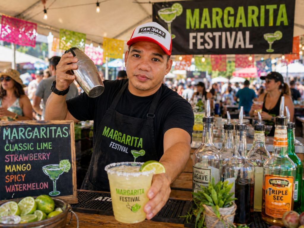 A bartender shakes a cocktail shaker, showcasing a margarita at a lively festival booth.