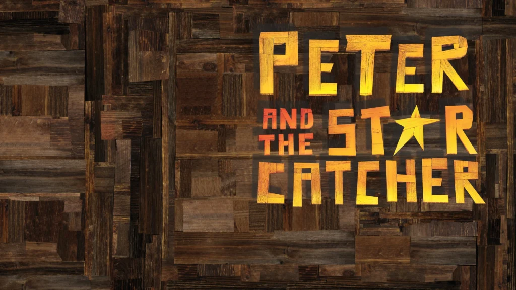 Logo for "Peter and the Starcatcher" with wooden background and bold, colorful text.