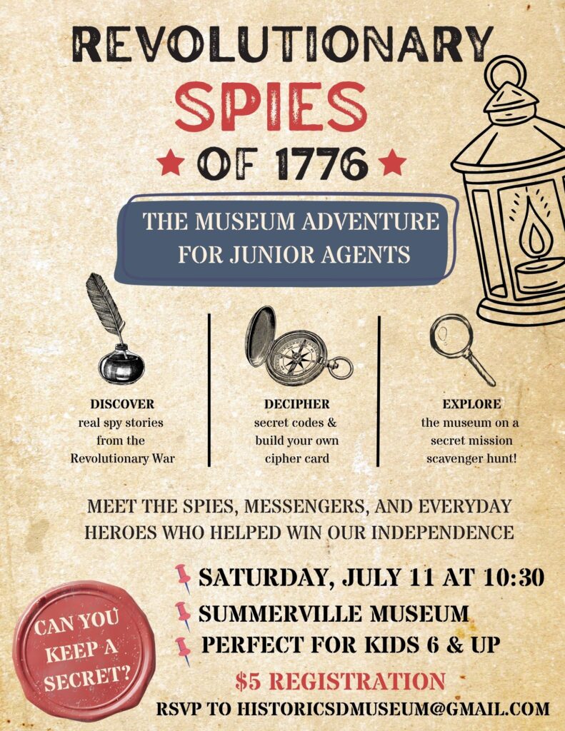 Event flyer for a museum adventure about Revolutionary War spies, featuring activities for kids.