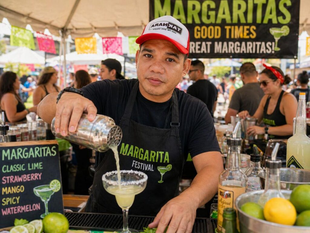A bartender pours a margarita at a festival, surrounded by colorful decorations and other staff.