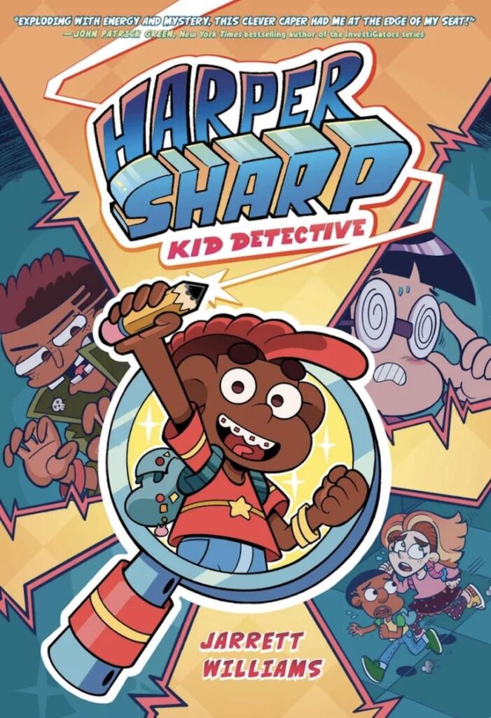 A cheerful child detective holds a pencil, surrounded by friends in a colorful comic book cover.