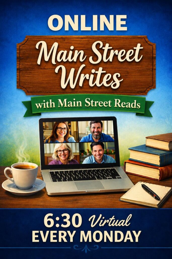Promotional graphic for an online writing event featuring four smiling participants on a laptop screen. Coffee cup and books nearby.
