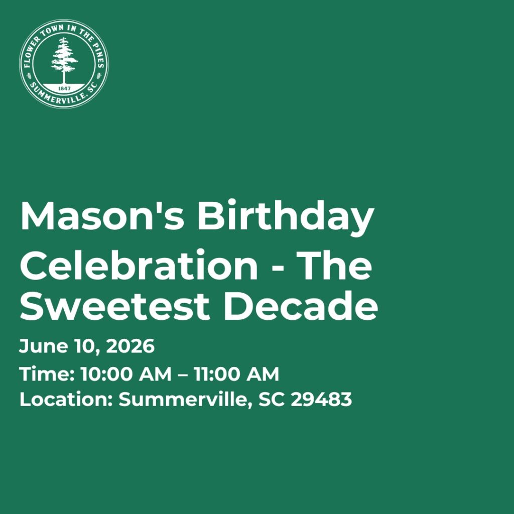 Event details for Mason's birthday celebration on June 10, 2026, in Summerville, SC.
