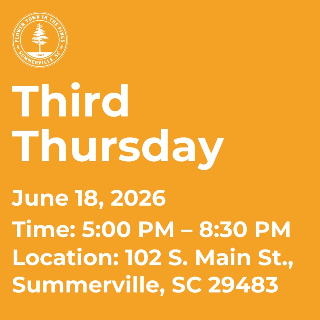 Event details for Third Thursday on June 18, 2026, from 5:00 PM to 8:30 PM in Summerville, SC.