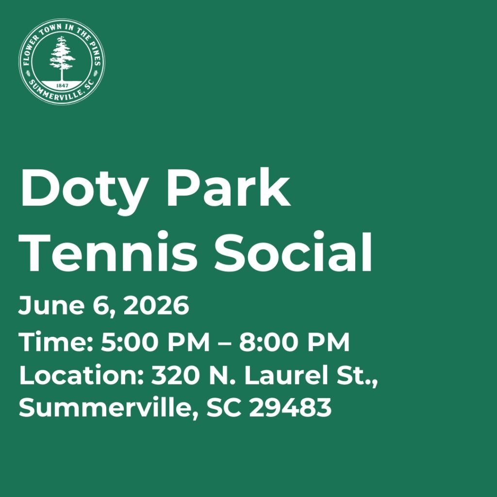Event details for Doty Park Tennis Social on June 6, 2026, from 5 PM to 8 PM in Summerville, SC.