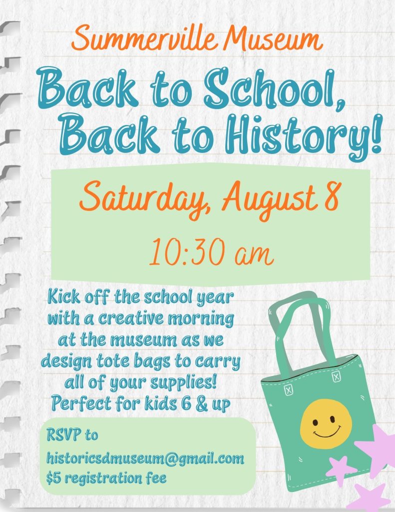 Event flyer for a creative tote bag design workshop at Summerville Museum, August 8, 10:30 AM. Suitable for kids 6 and up.