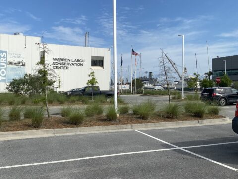Warren Lasch Conservation Center building with parked cars and flags in the background. Clear blue sky.