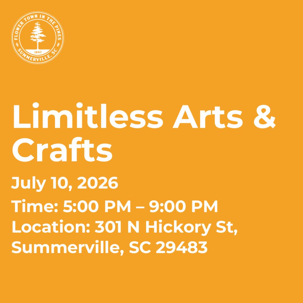 Event details for Limitless Arts & Crafts on July 10, 2026, from 5:00 PM to 9:00 PM in Summerville, SC.