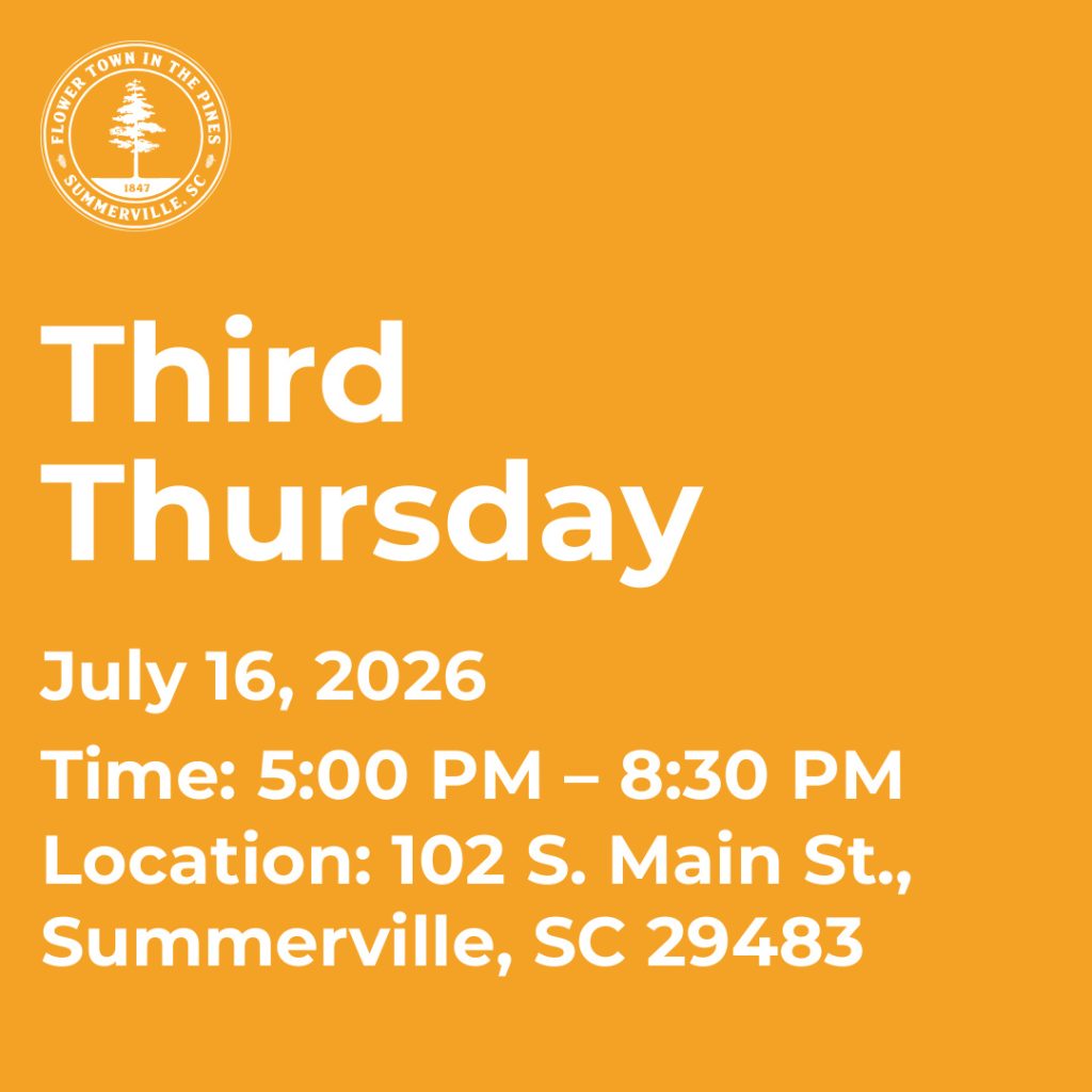 Event details for Third Thursday on July 16, 2026, from 5:00 PM to 8:30 PM in Summerville, SC.