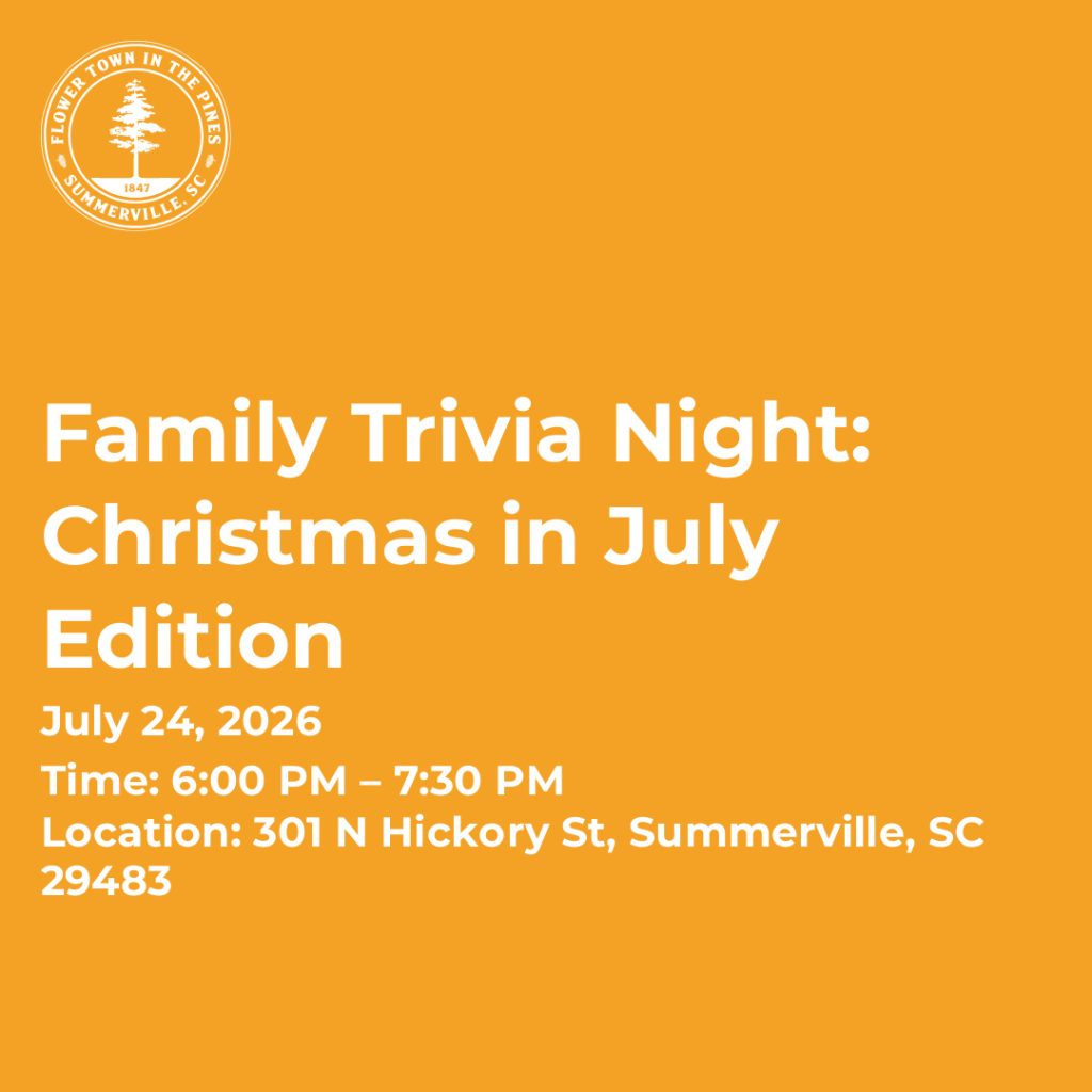 Event details for Family Trivia Night on July 24, 2026, from 6:00 PM to 7:30 PM in Summerville, SC.