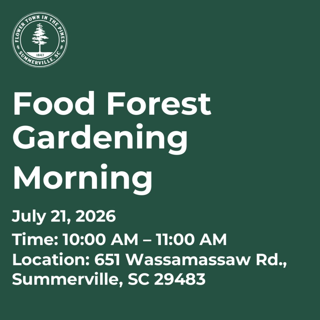 Event details for Food Forest Gardening Morning on July 21, 2026, from 10:00 AM to 11:00 AM in Summerville, SC.