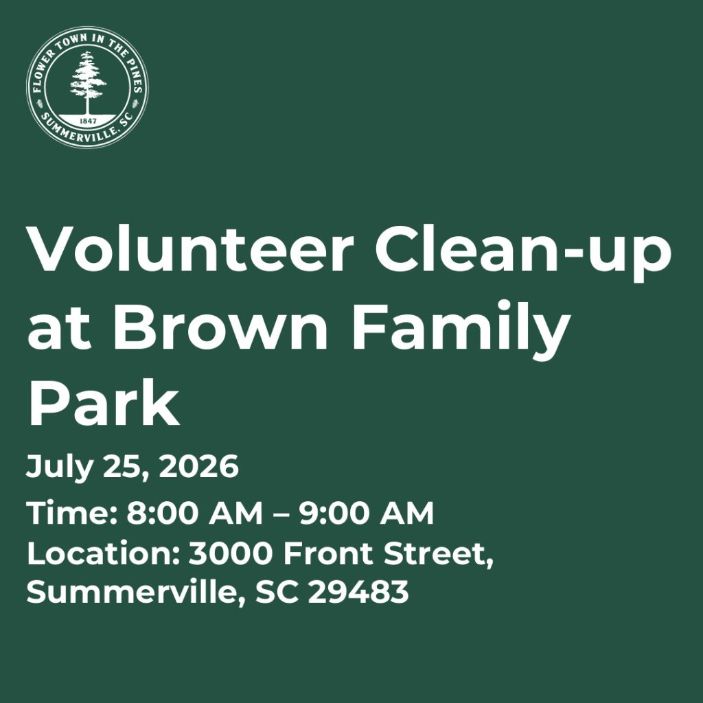 Volunteer clean-up event details for Brown Family Park on July 25, 2026, from 8:00 AM to 9:00 AM.