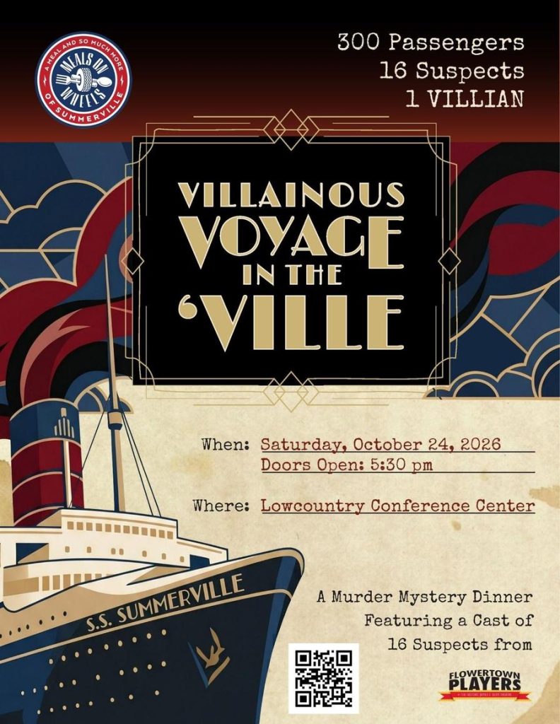 Event poster for a murder mystery dinner titled "Villainous Voyage in the 'Ville," featuring a ship and details about the event.