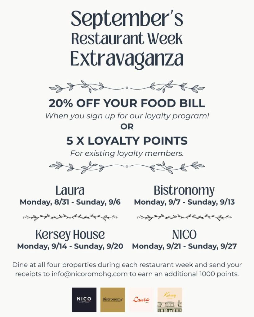 Promotional flyer for September's Restaurant Week with discounts and loyalty points details.