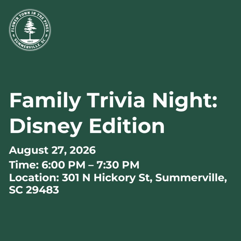 Family Trivia Night focused on Disney, scheduled for August 27, 2026, from 6:00 PM to 7:30 PM in Summerville, SC.