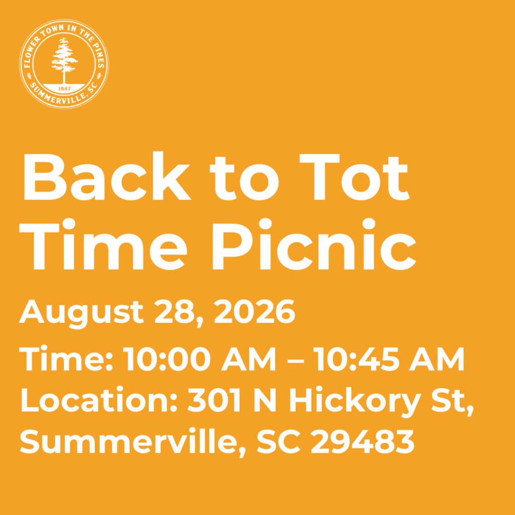 Event details for Back to Tot Time Picnic on August 28, 2026, at 301 N Hickory St, Summerville, SC.