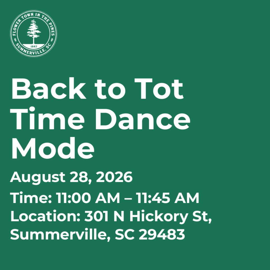 Event details for "Back to Tot Time Dance Mode" on August 28, 2026, from 11:00 AM to 11:45 AM, Summerville, SC.