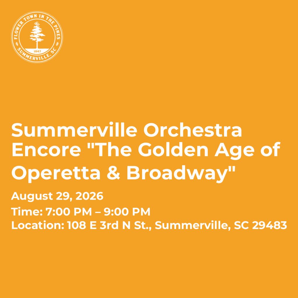 Summerville Orchestra event details for "The Golden Age of Operetta & Broadway" on August 29, 2026.