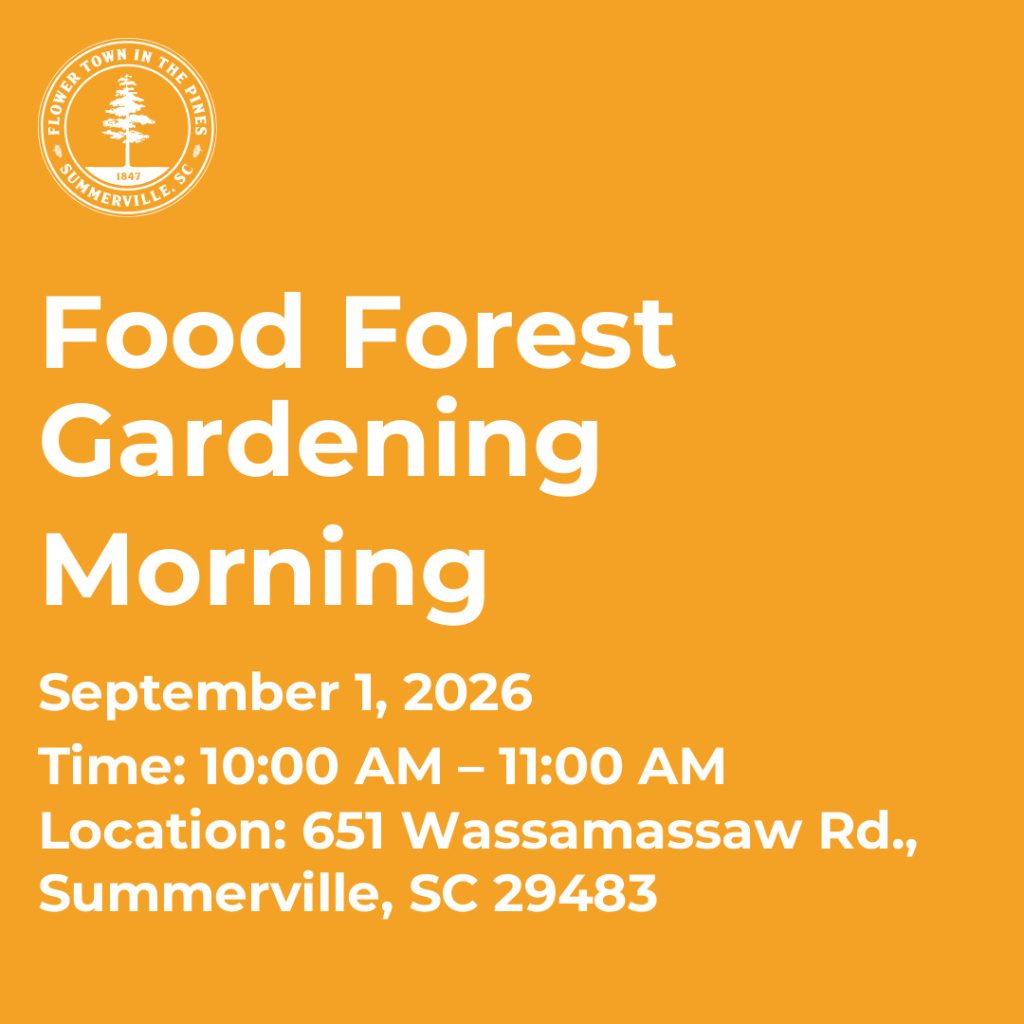 Event details for Food Forest Gardening Morning on September 1, 2026, from 10:00 AM to 11:00 AM in Summerville, SC.