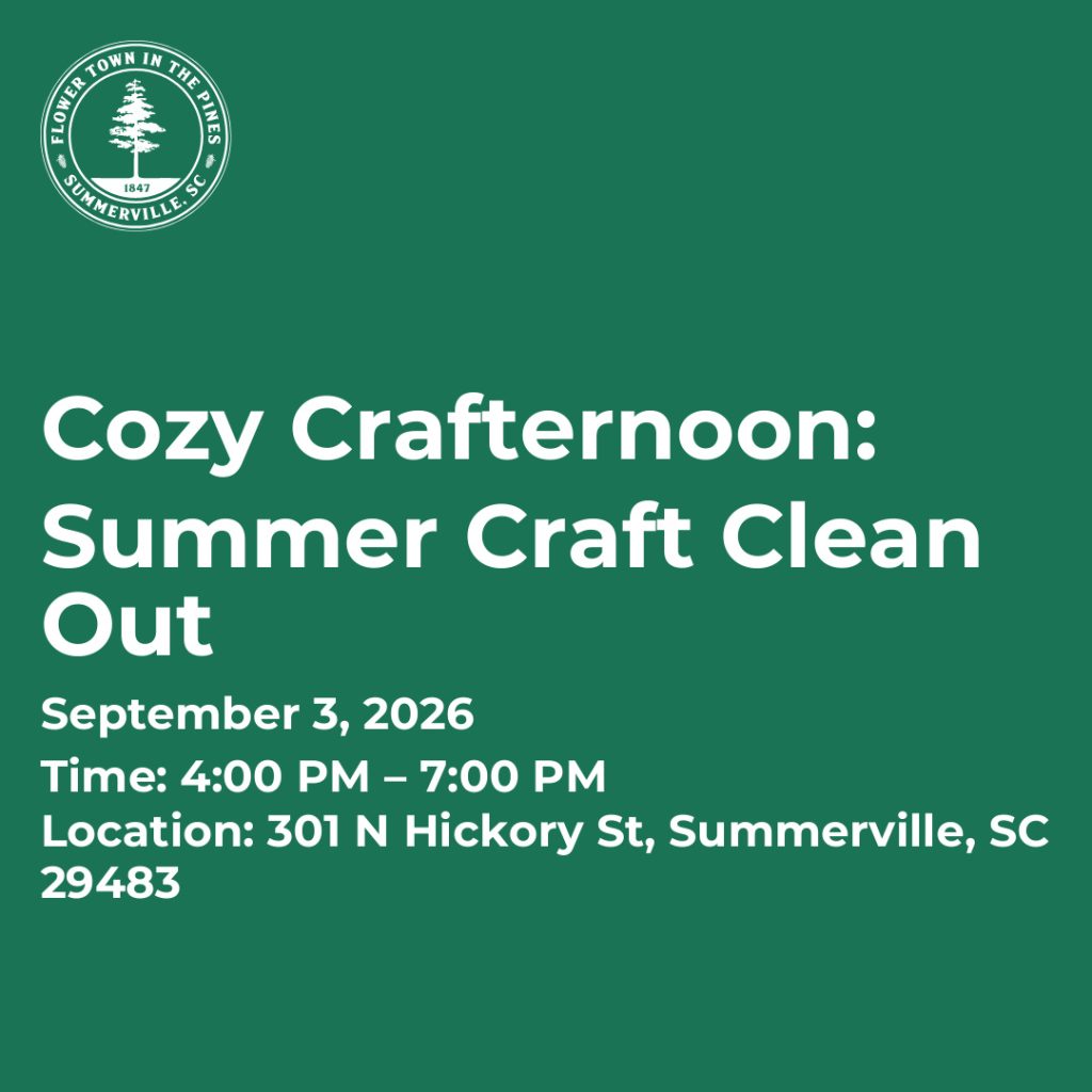Event details for Cozy Crafternoon: Summer Craft Clean Out on September 3, 2026, from 4 PM to 7 PM in Summerville, SC.