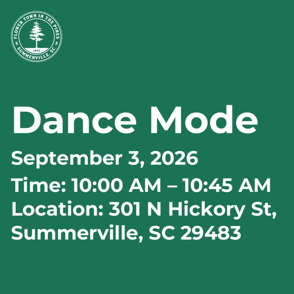 Event details for "Dance Mode" on September 3, 2026, from 10:00 AM to 10:45 AM at 301 N Hickory St, Summerville, SC.